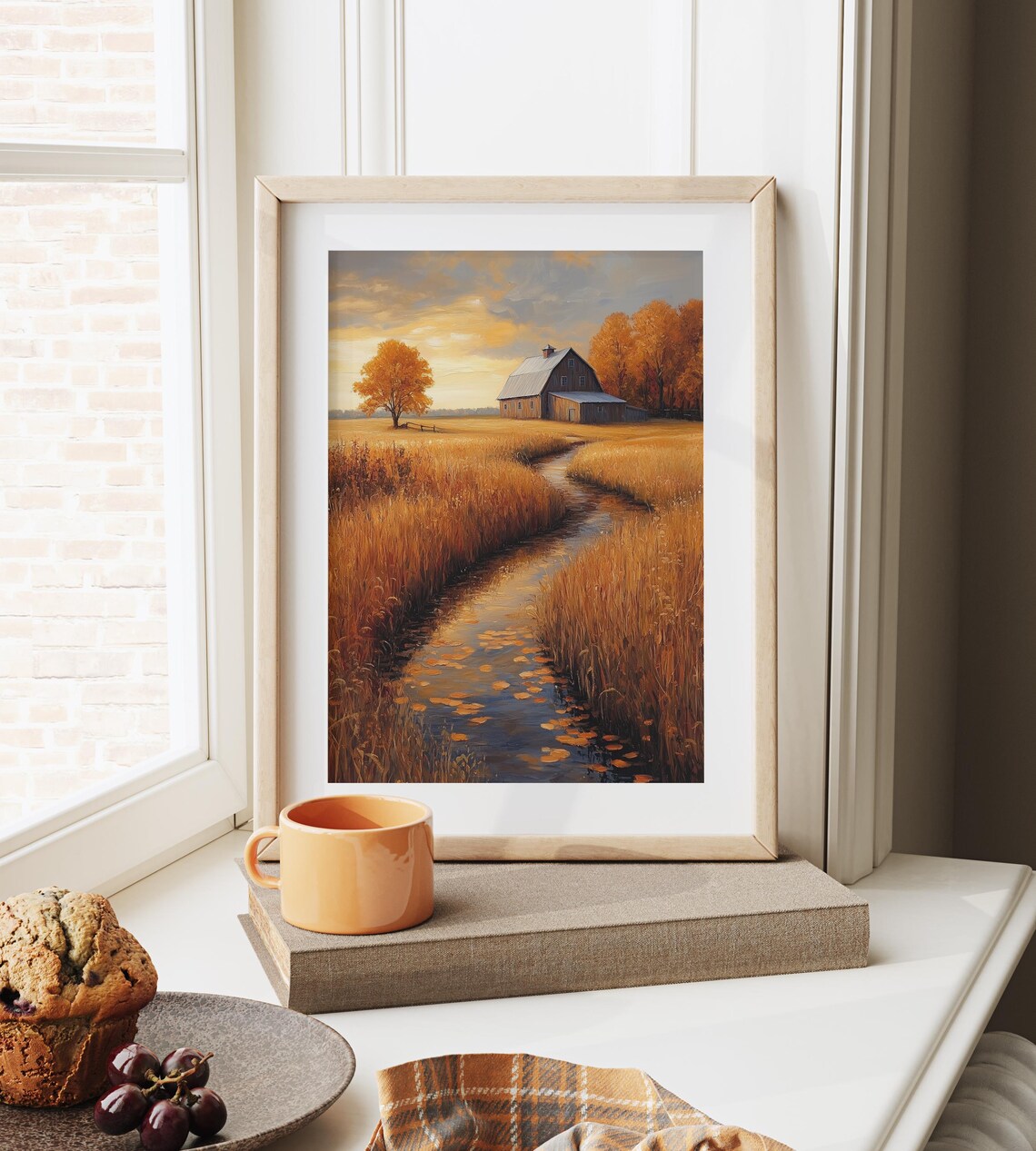 Gray Wooden Barn Beside Winding Stream Through Wheat at Sunset Wall Art - Image 6