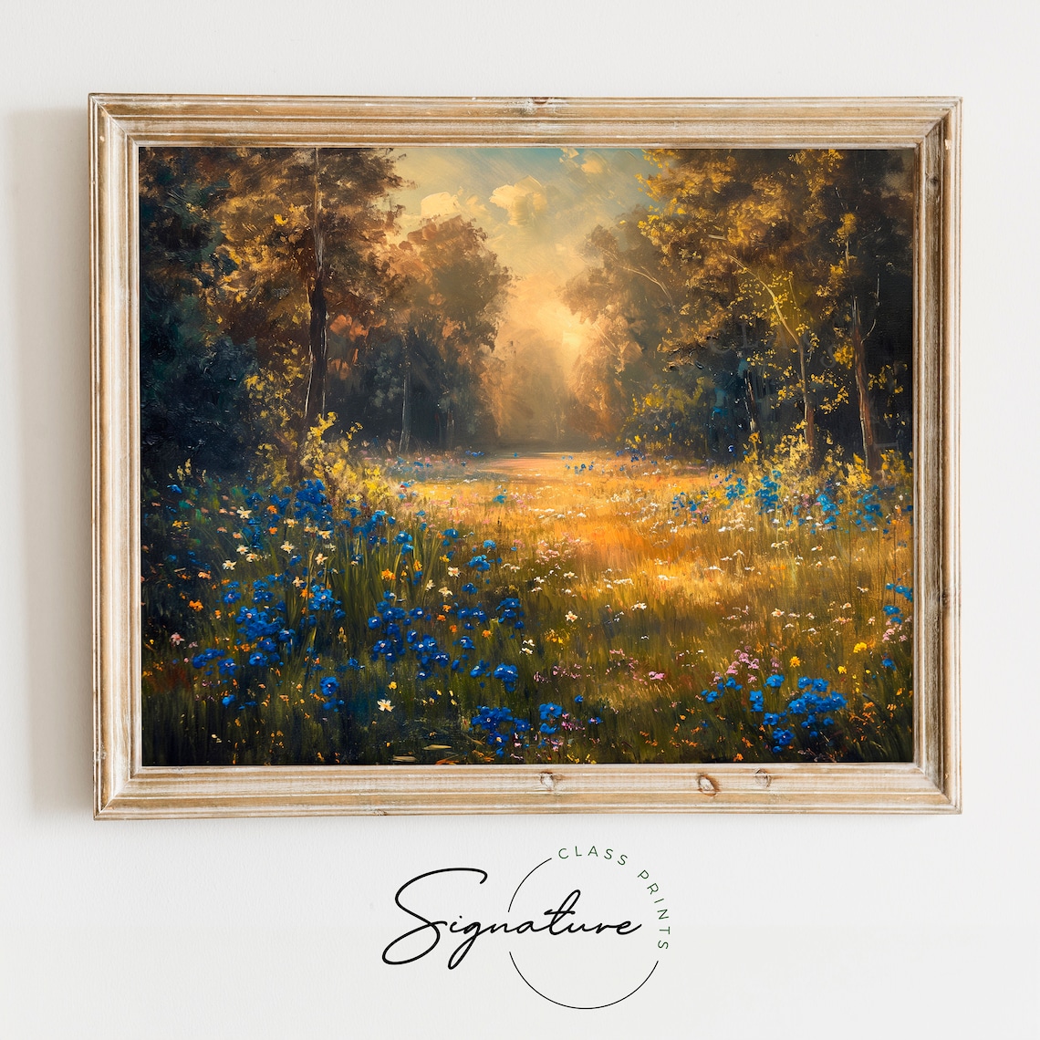 Morning Light On Blue Wildflowers In Golden Forest Clearing Poster