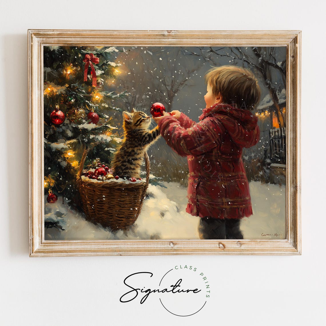 Child Sharing A Red Ornament With A Kitten By A Snowy Tree Poster