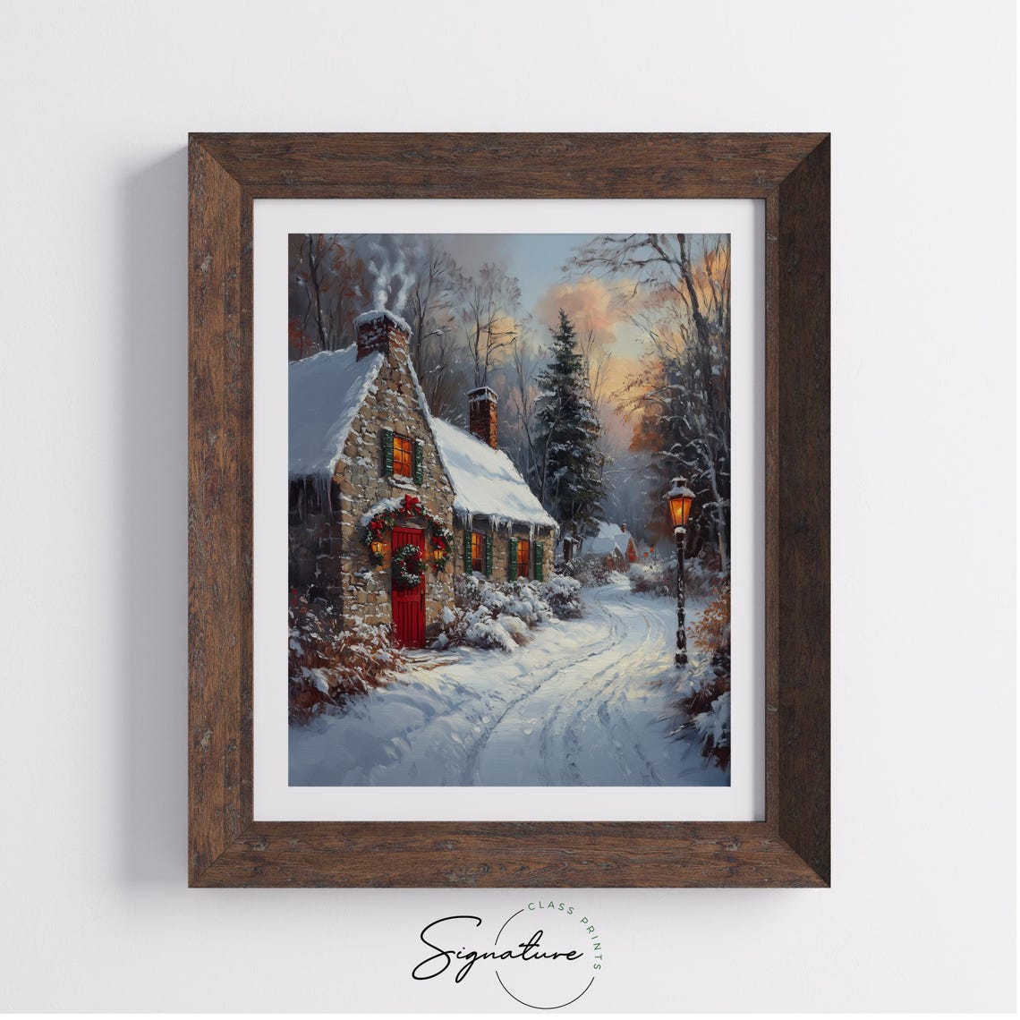 Christmas Cottage with Glowing Windows and Red Door Sunset Poster - Image 3