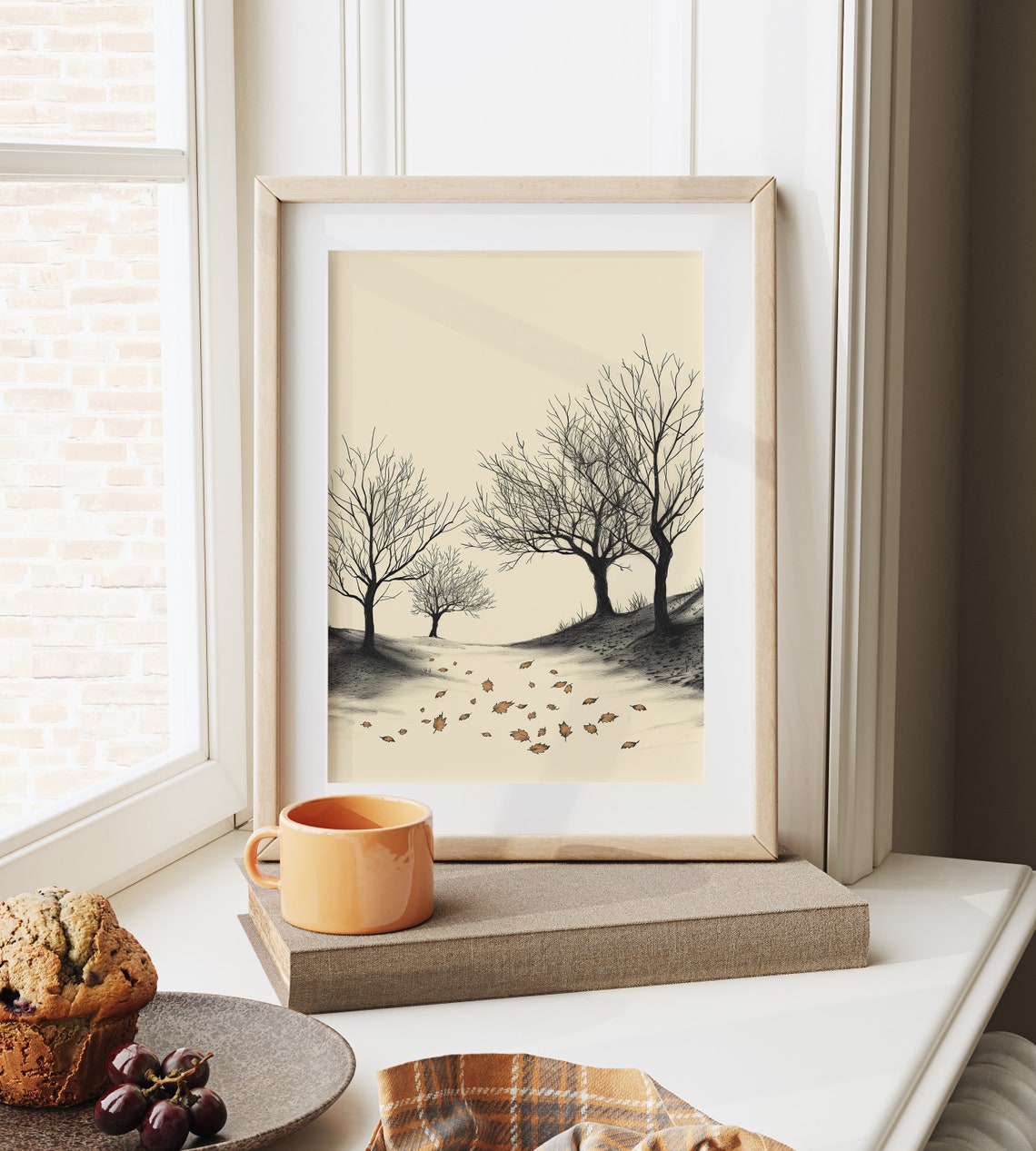 Autumn Orchard With Scattered Orange Leaves Monochrome Sketch Poster - Image 6