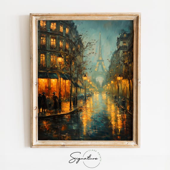 Rainy Parisian Street With Eiffel Tower Reflections Cityscape Painting Romantic Moody Wall Art Warm Night Print Artwork 3692