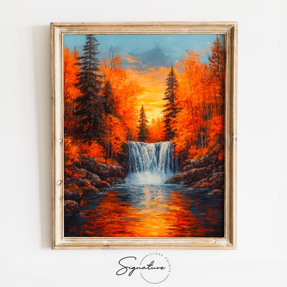 Autumn Waterfall In Vibrant Forest Rustic Fall Landscape Earthy Woodland Scene Moody Decor Cottagecore Wall Art 1798