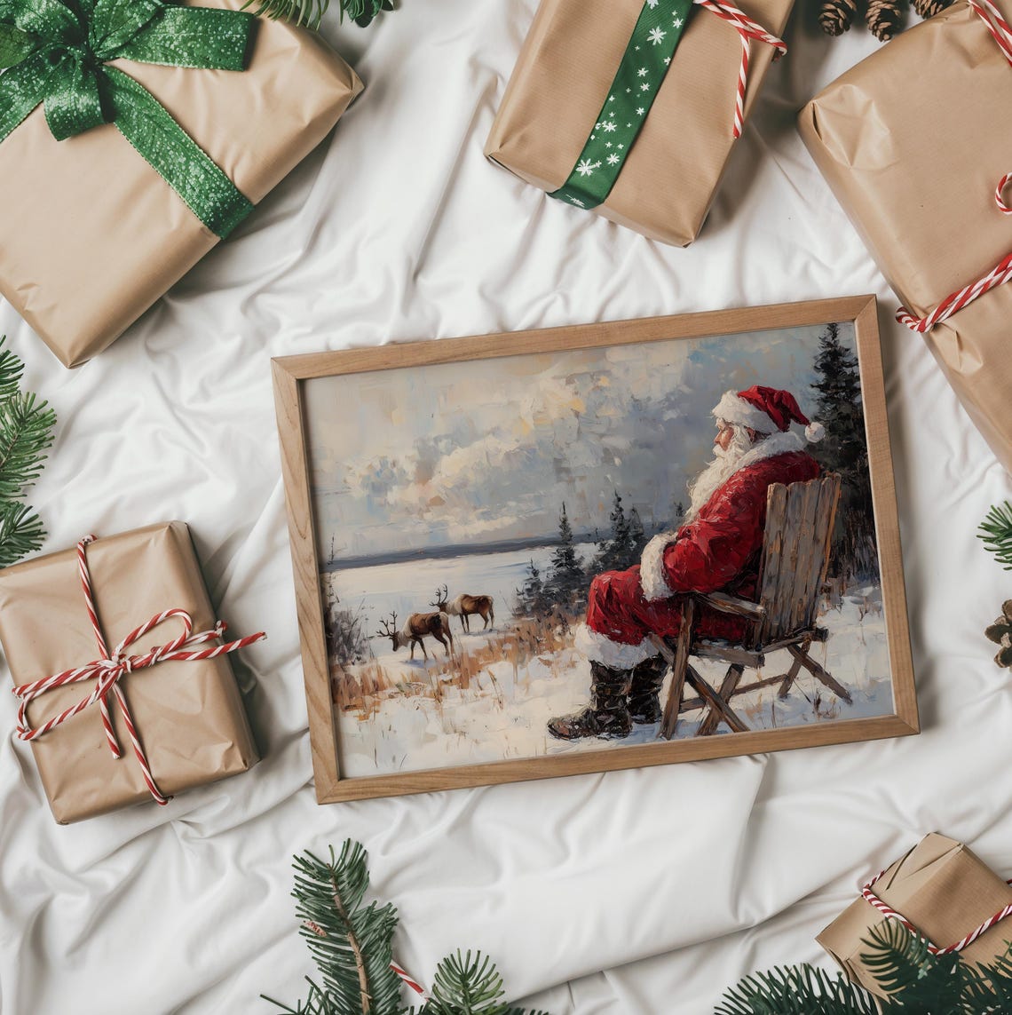 Santa Claus Resting In A Chair Watching Reindeer In Snow Poster - Image 2