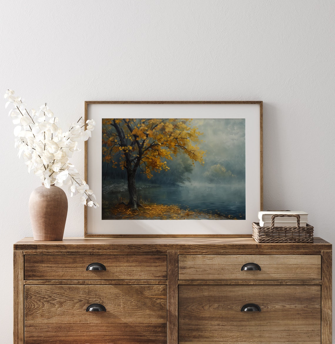 Golden Chestnut Tree Beside Foggy Lakeside Misty Autumn Poster - Image 3