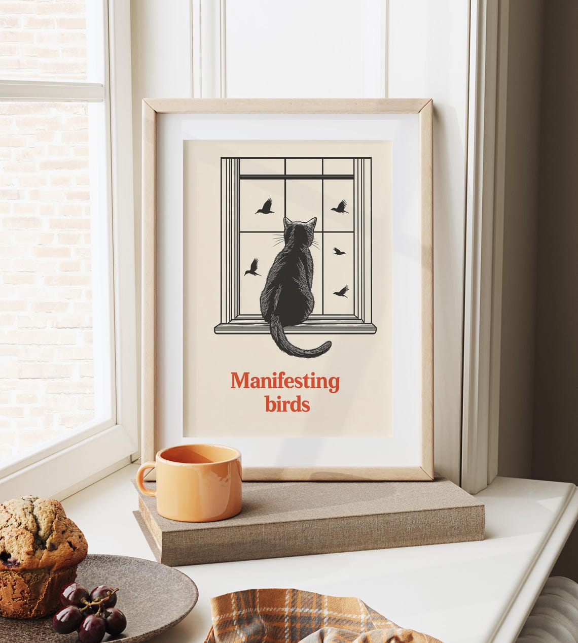 Manifesting Birds Black Cat Window Watcher Retro Quote Wall Art - Image 6