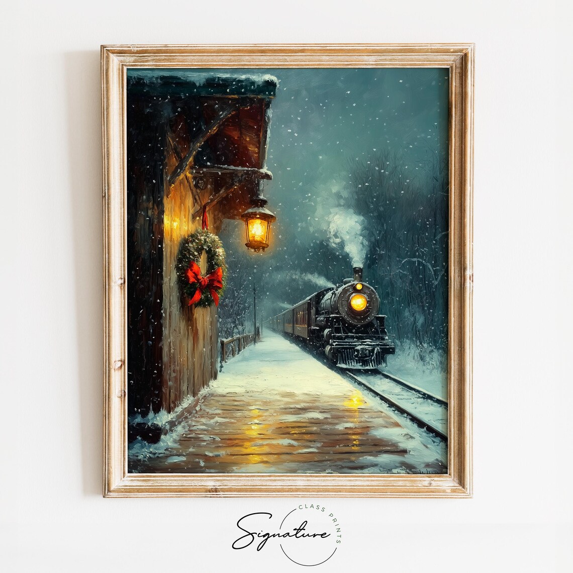 Steam Train Arriving at Snowy Station With Holiday Wreath Night Poster