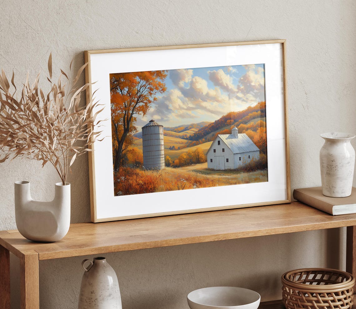 White Barn Silo Autumn Rolling Hills Fall Farmhouse Landscape Wall Art - Image 4