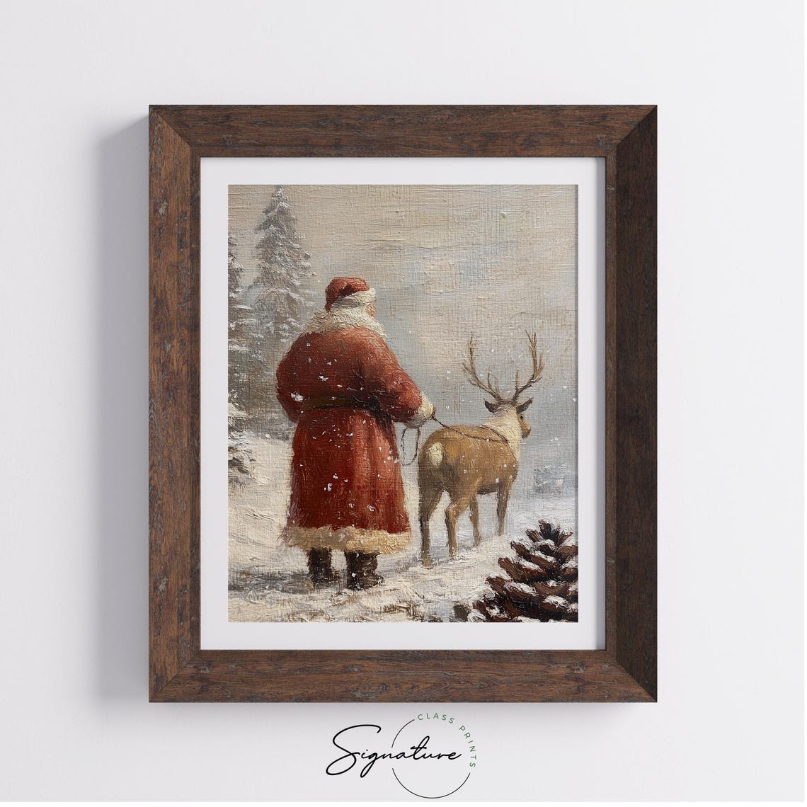 Santa Claus Walking Away With a Reindeer Through Falling Snow Poster - Image 3