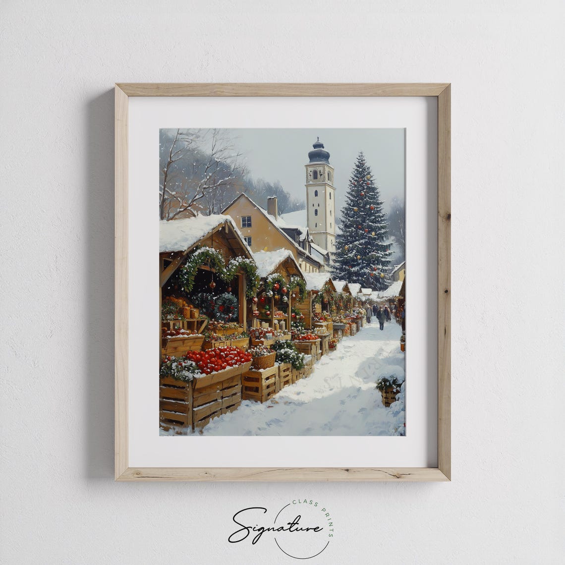 Snowy Market With Wooden Stalls In Winter Village Rustic Christmas Wall Art Holiday Market Scene Country Painting 2599 - Image 2