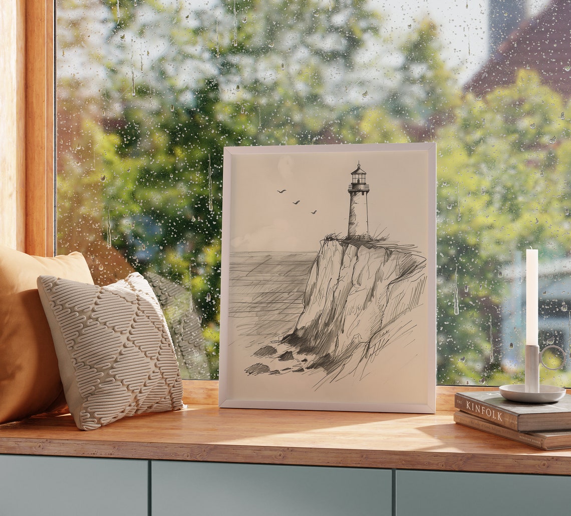 Lonely Lighthouse On Coastal Cliff Pen Sketch Nautical Poster - Image 2
