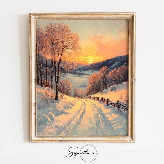 Golden Winter Sunset Over a Snowy Country Road Winter Scene Poster