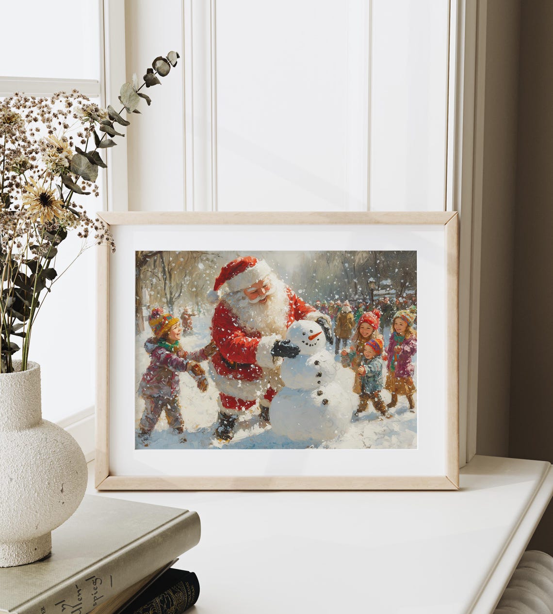 Santa Claus Building Snowman With Children in Snowy Street Poster - Image 6