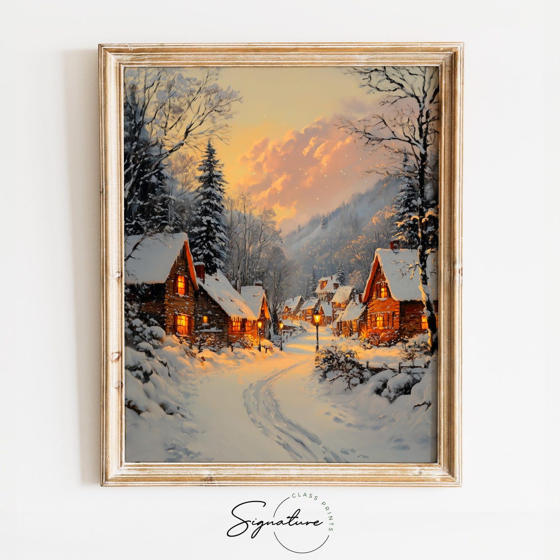 Snowy Village Square At Sunset With Warm Cabin Lights Winter Poster