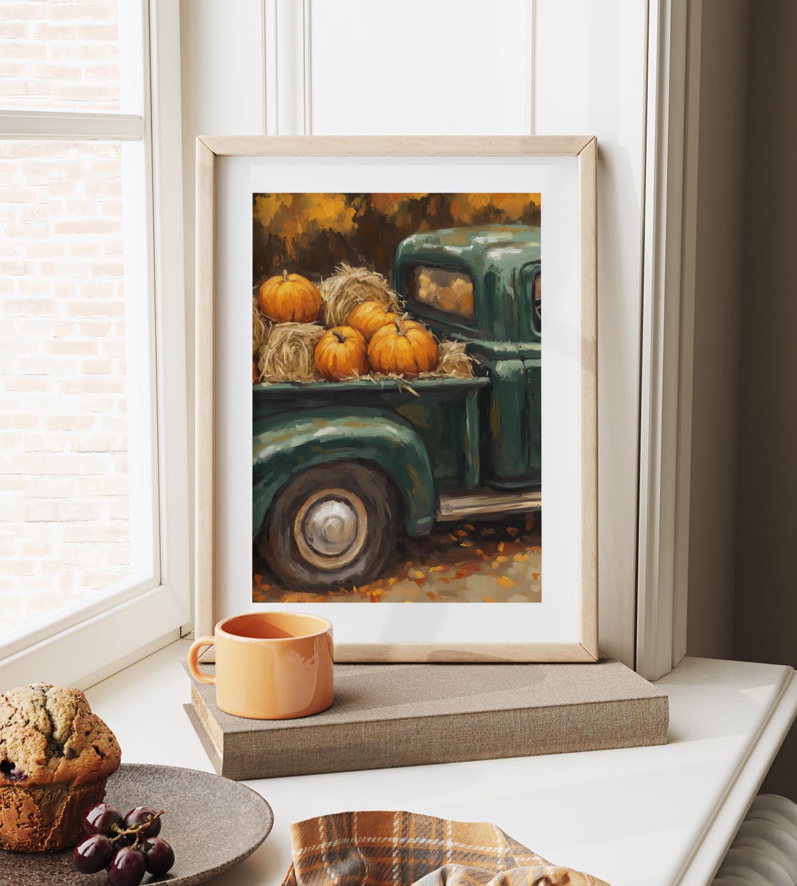 Vintage Green Pickup Truck Loaded With Pumpkins And Hay Poster - Image 6