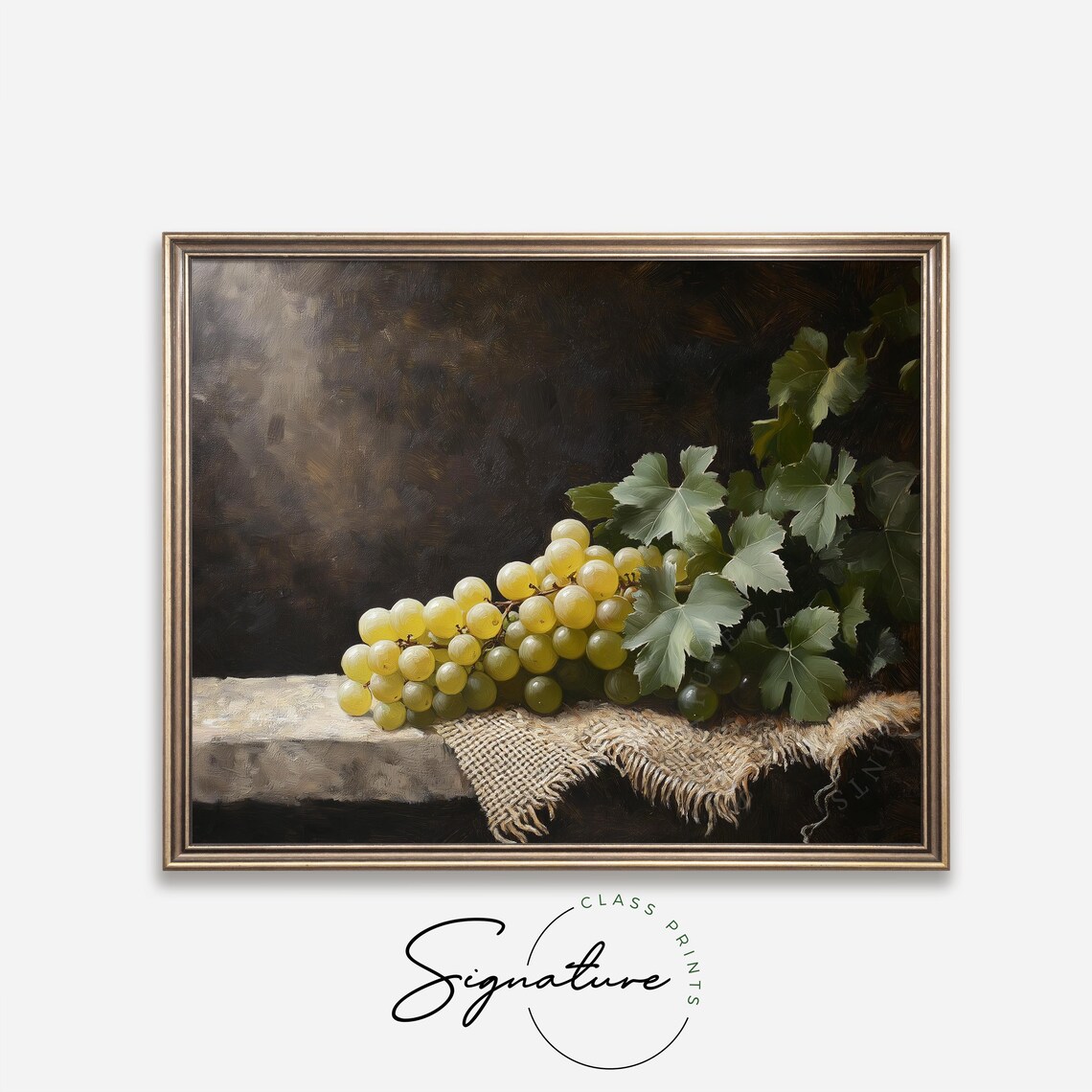 White Grape Vine Still Life Dark Rustic Vintage Oil Painting Print - Image 4