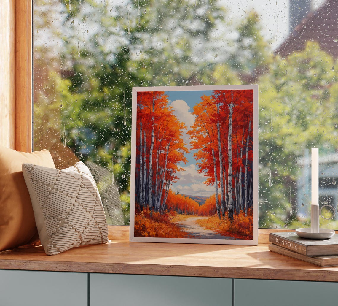 Red Birch Forest Autumn Foliage Winding Sunlit Path Painting Print - Image 2