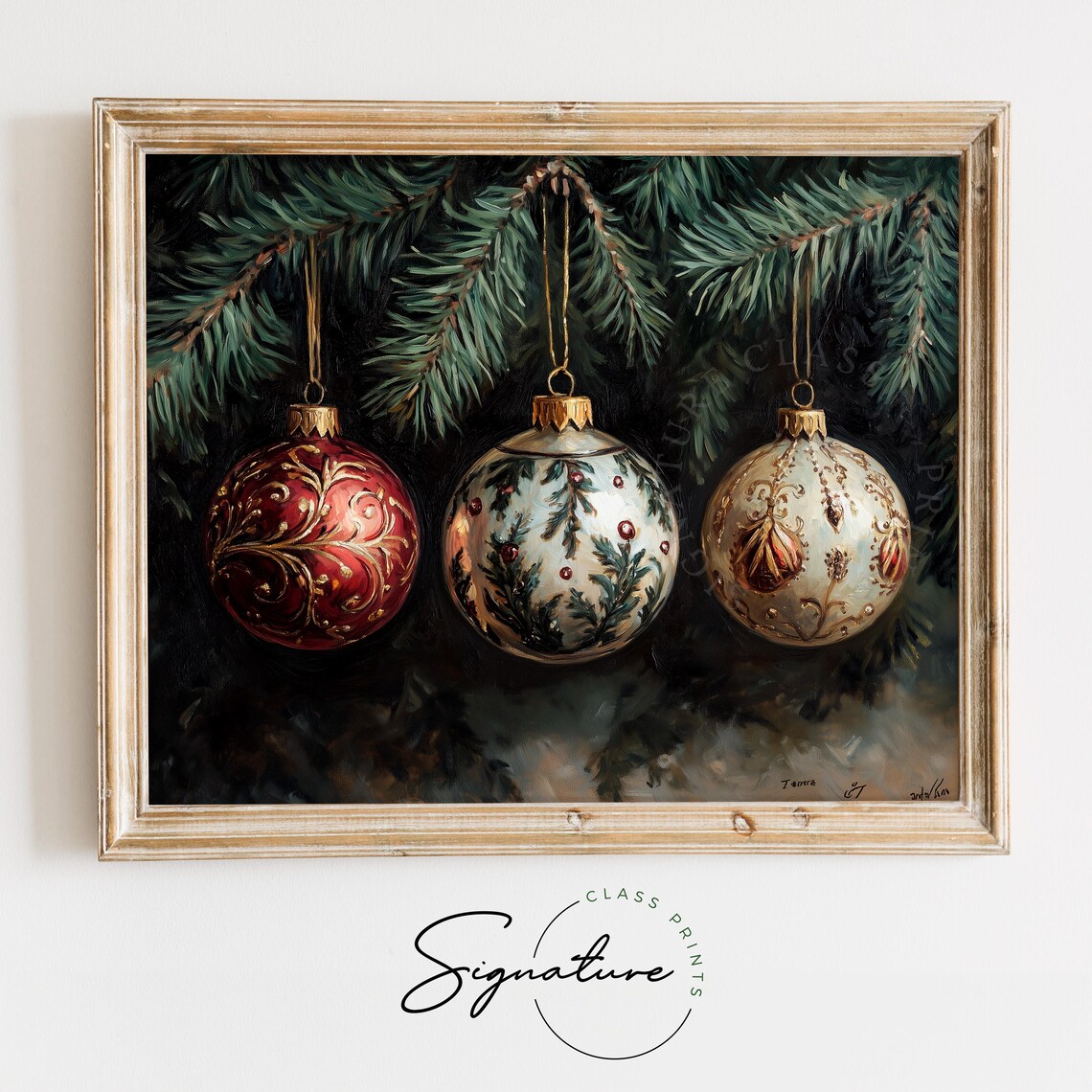 Three Vintage Glass Christmas Ornaments Hanging On A Fir Branch Poster