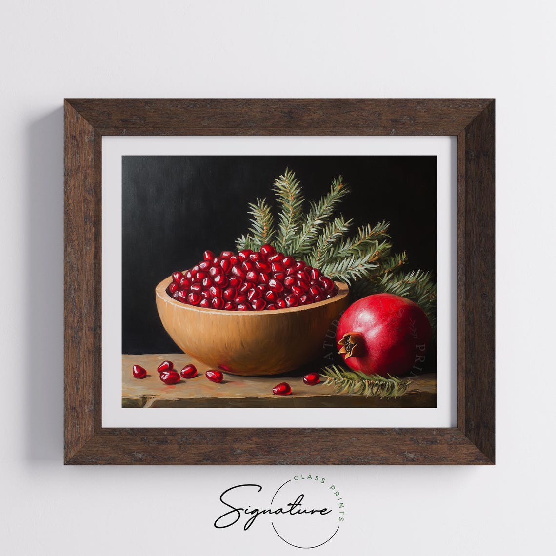 Pomegranate Arils In Wooden Bowl With Pine Sprigs Still Life Poster - Image 5