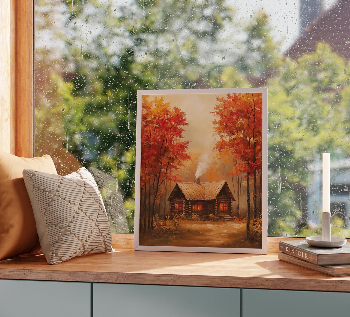 Log Cabin Red Autumn Forest Glowing Windows Fall Woods Poster - Image 2