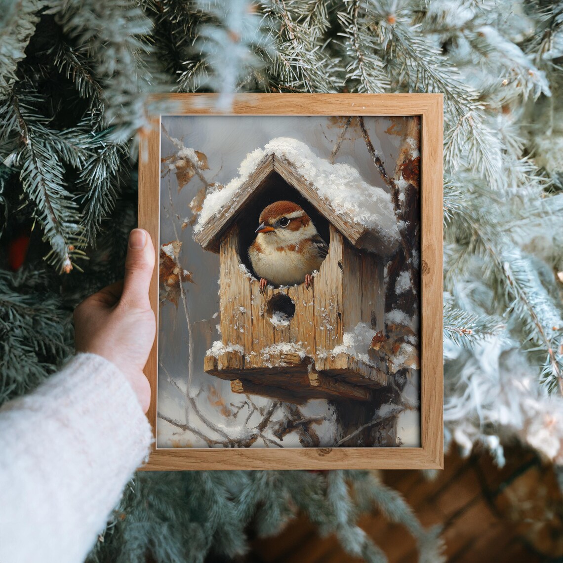 Sparrow Snowy Birdhouse Winter Bird Wildlife Cozy Cottagecore Art Poster - Image 6