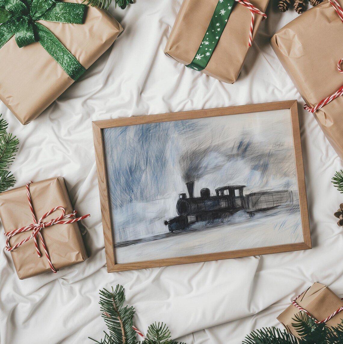 Steam Locomotive Crossing Snowy Landscape In Sketch Style Poster - Image 2