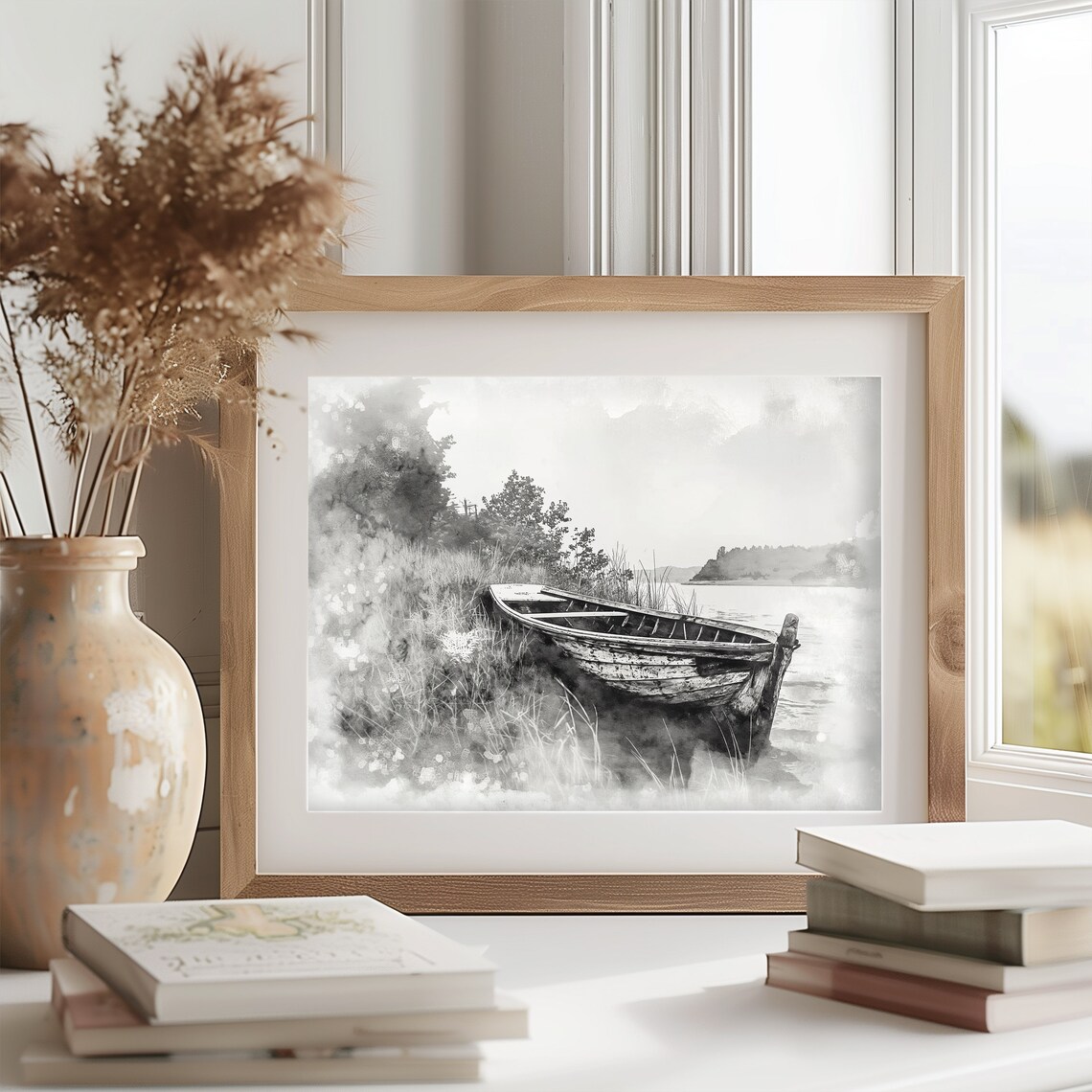 Abandoned Wooden Boat In Misty Reeds Riverbank Watercolor Art Poster - Image 2
