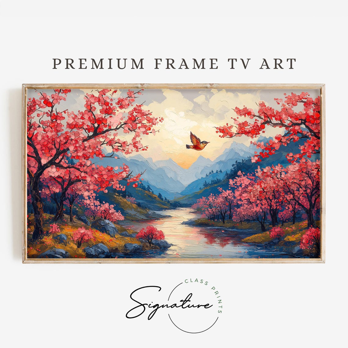 Bird Soaring Over Cherry Blossom River Valley Impasto Art Poster