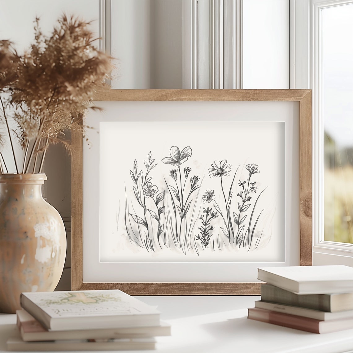 Wildflower Pencil Sketch Black and White Botanical Line Drawing Poster - Image 2