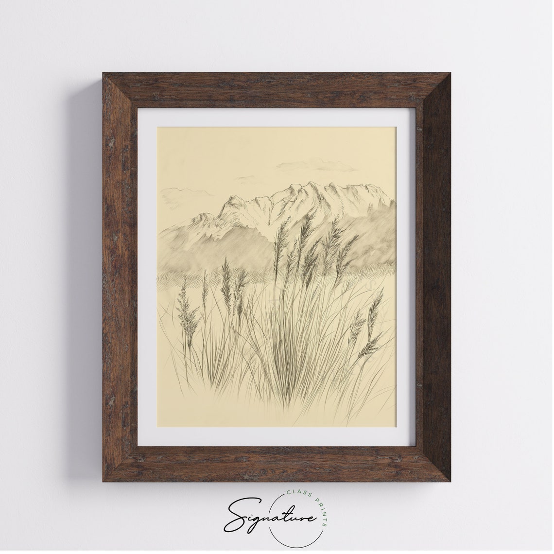 Wild Grasses Before Snow Capped Mountains Sepia Sketch Poster - Image 4