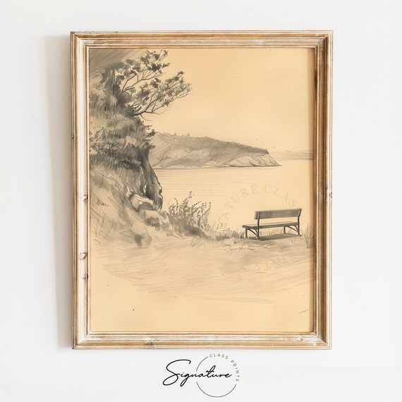 Secluded Cove Overlook Bench Cliff Sepia Landscape Sketch Poster