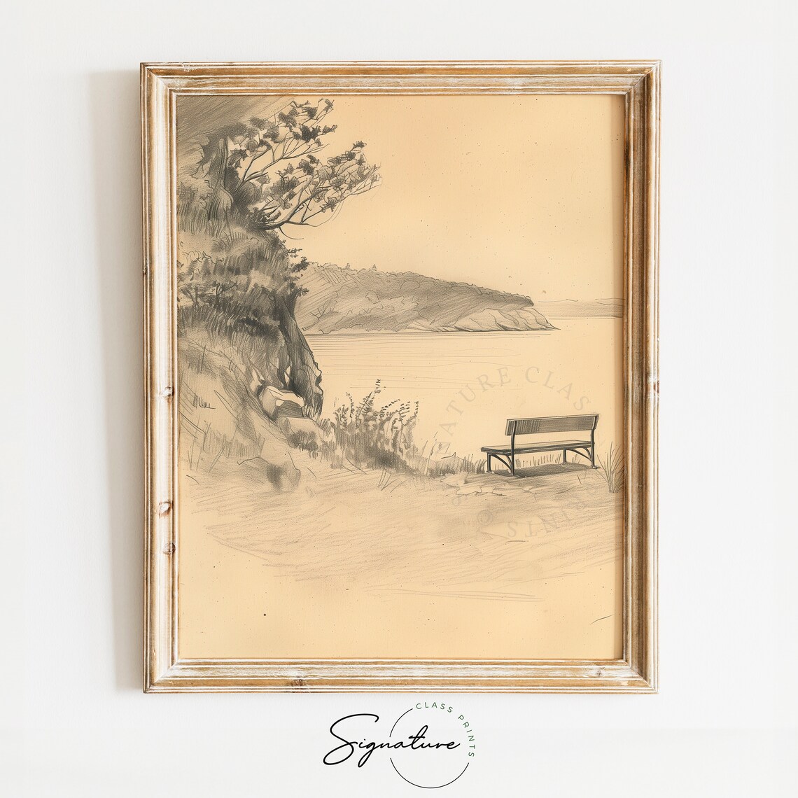 Secluded Cove Overlook Bench Cliff Sepia Landscape Sketch Poster