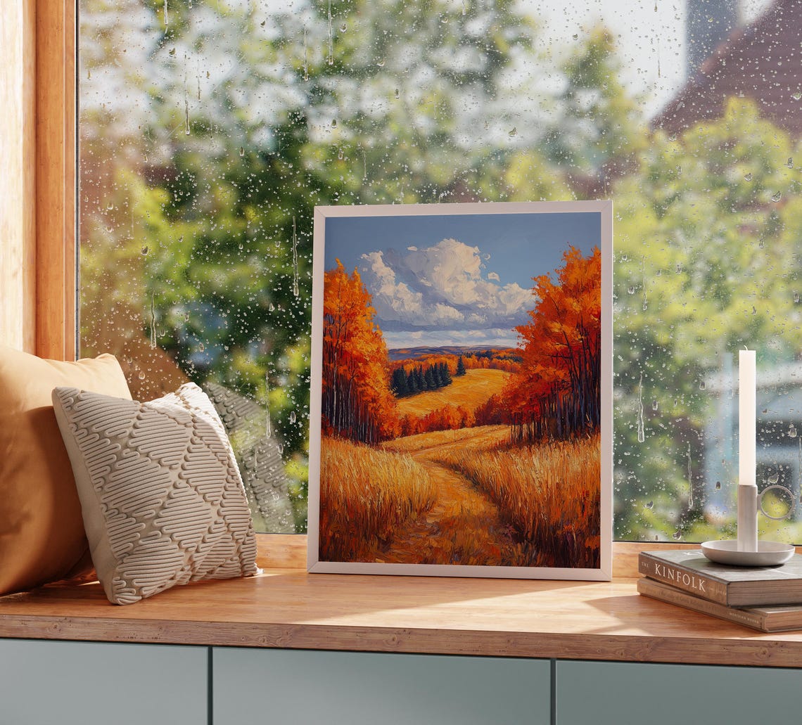 Autumn Meadow Path Orange Foliage Golden Rolling Hills Painting Print - Image 2