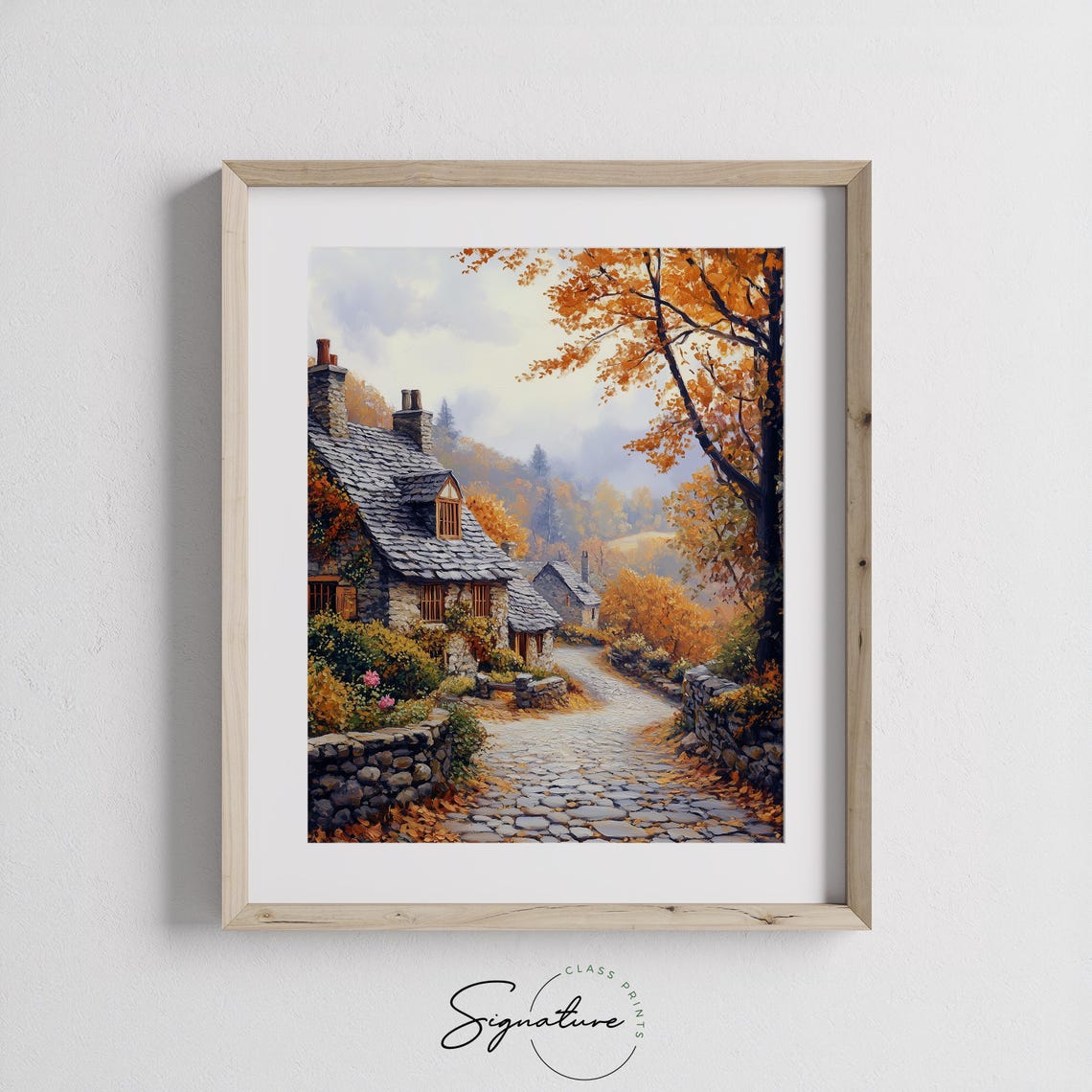 Ivy Covered Stone Cottage On A Quiet Autumn Cobblestone Lane Poster - Image 3