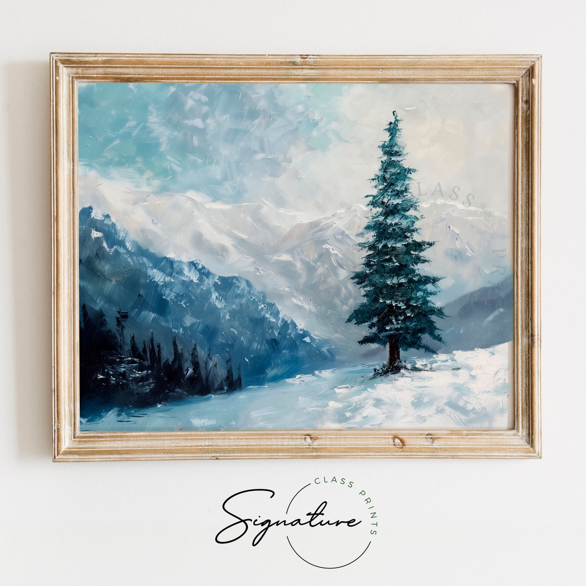 Tall Lone Spruce Before Blue Mountain Winter Snow Scene Poster