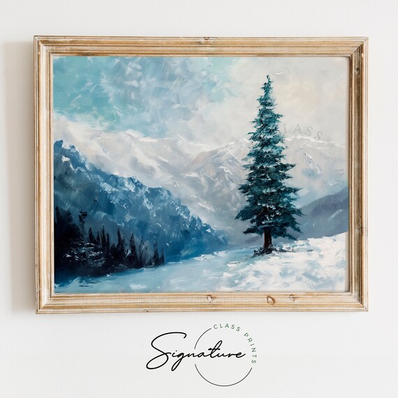 Tall Lone Spruce Before Blue Mountain Winter Snow Scene Poster