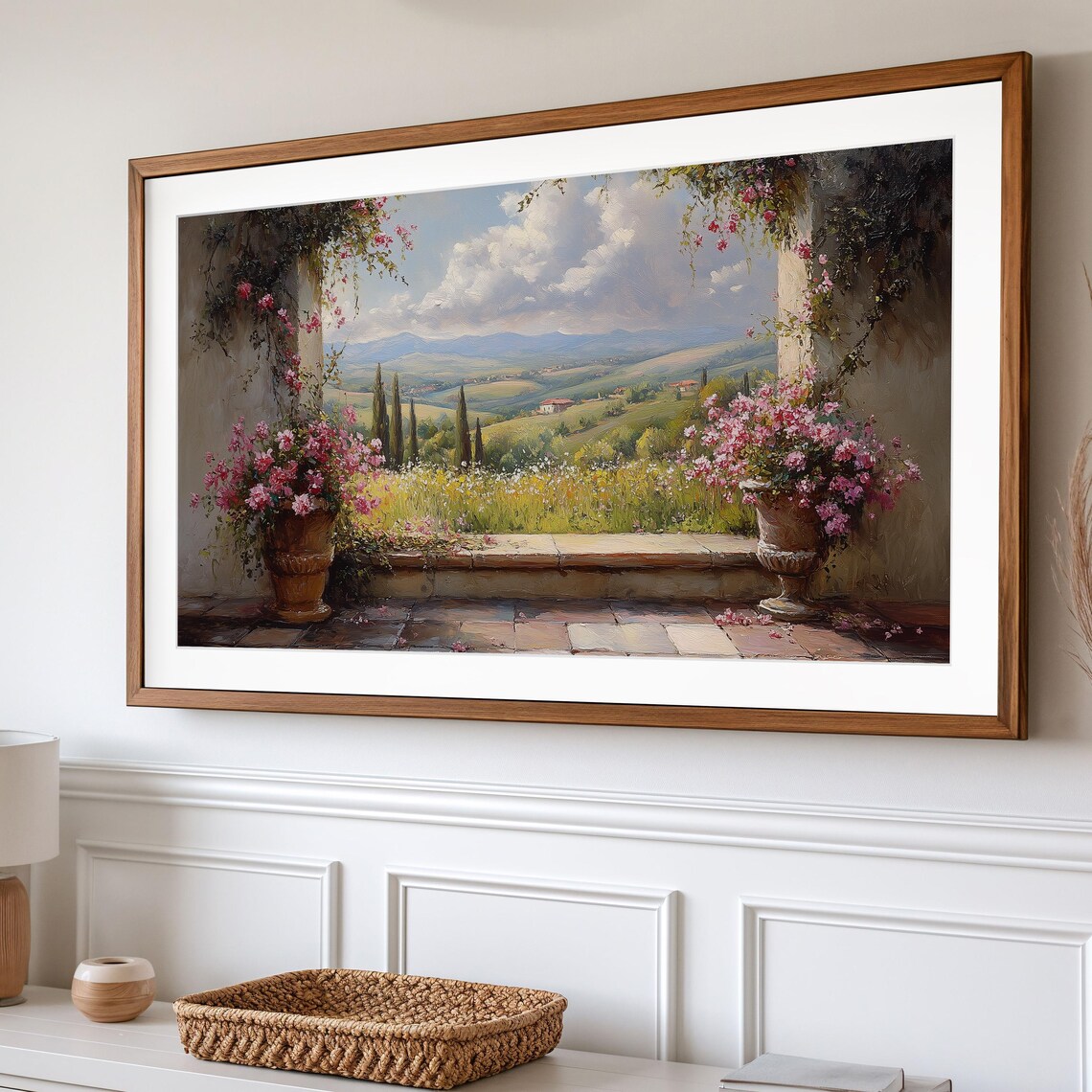 Tuscan Terrace Potted Roses Overlooking Countryside Valley View Poster - Image 2