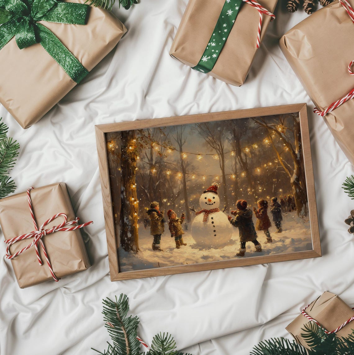 Children Building Snowman Under String Lights Snowy Night Poster - Image 2