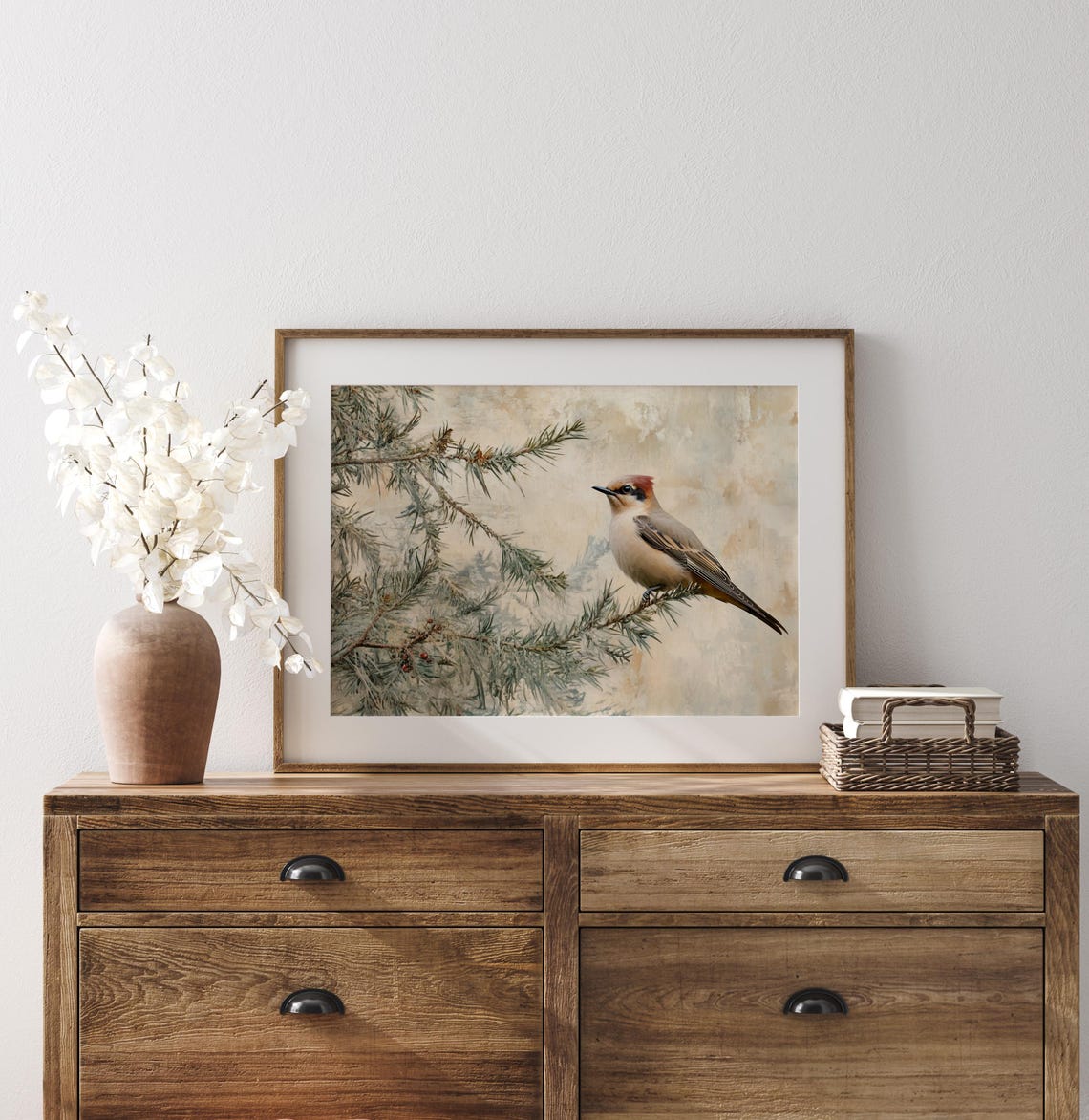 Cedar Waxwing Perched On Snowy Pine Bough Winter Songbird Wall Art - Image 2