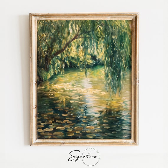 Tranquil Pond Art Willow Tree Over Quiet Water Nature Wall Decor Serene Landscape Painting Peaceful Pond Scene Art 801