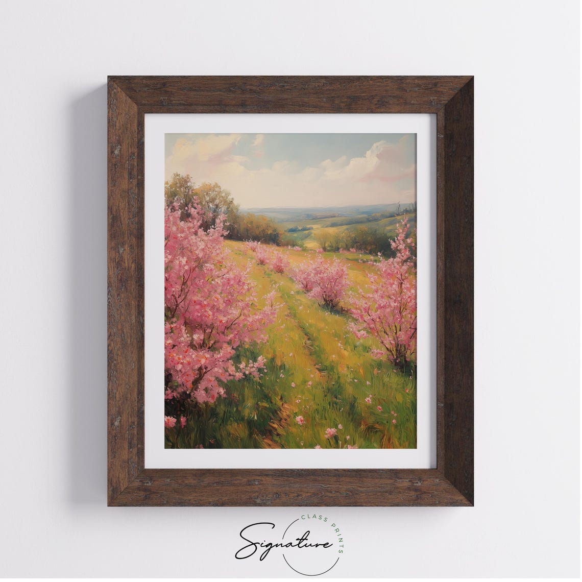 Pink Blossoms On Lush Hillside Romantic Spring Meadow Landscape Poster - Image 3
