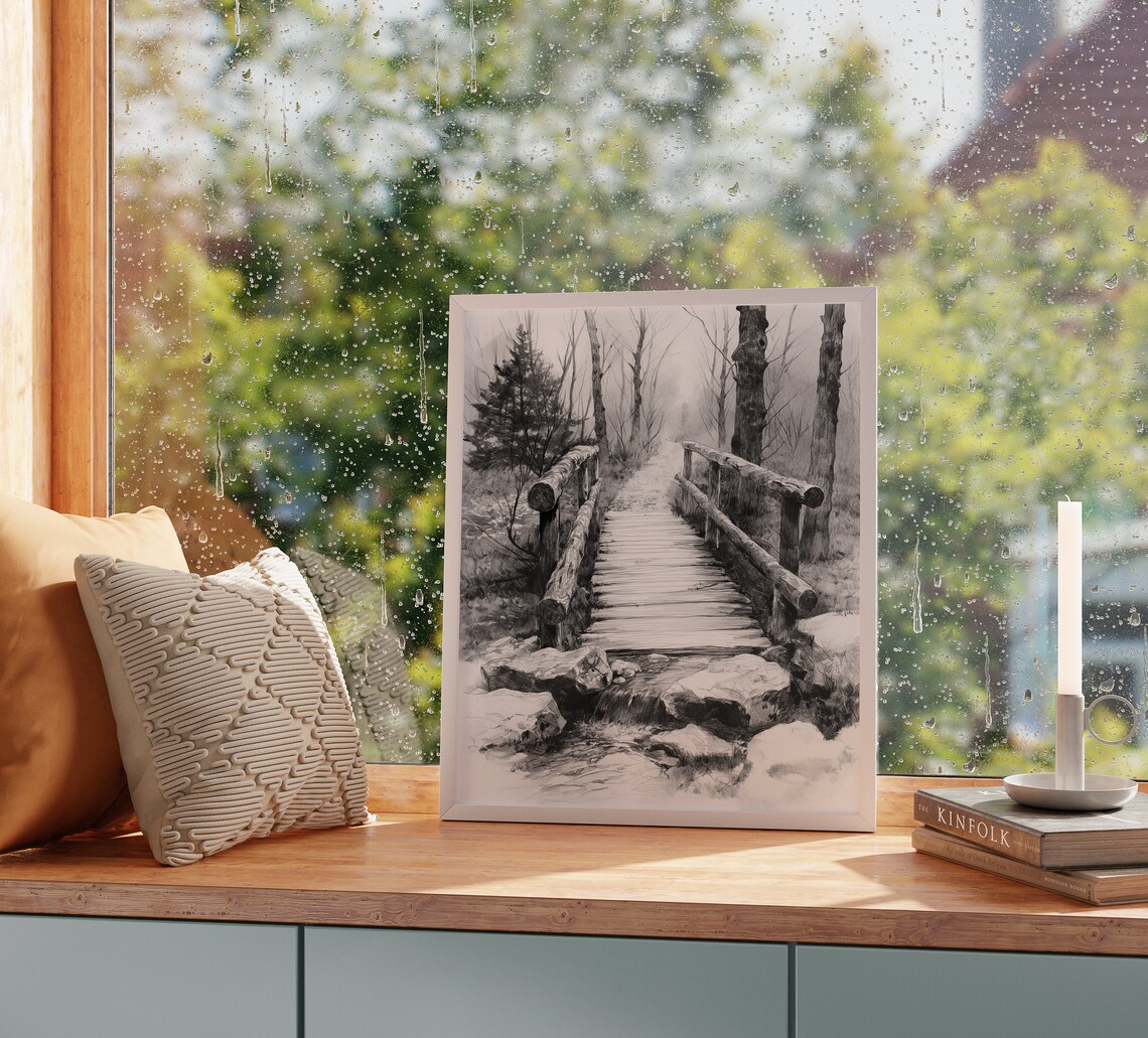 Rustic Wooden Footbridge Over Forest Stream Woodland Ink Poster - Image 2