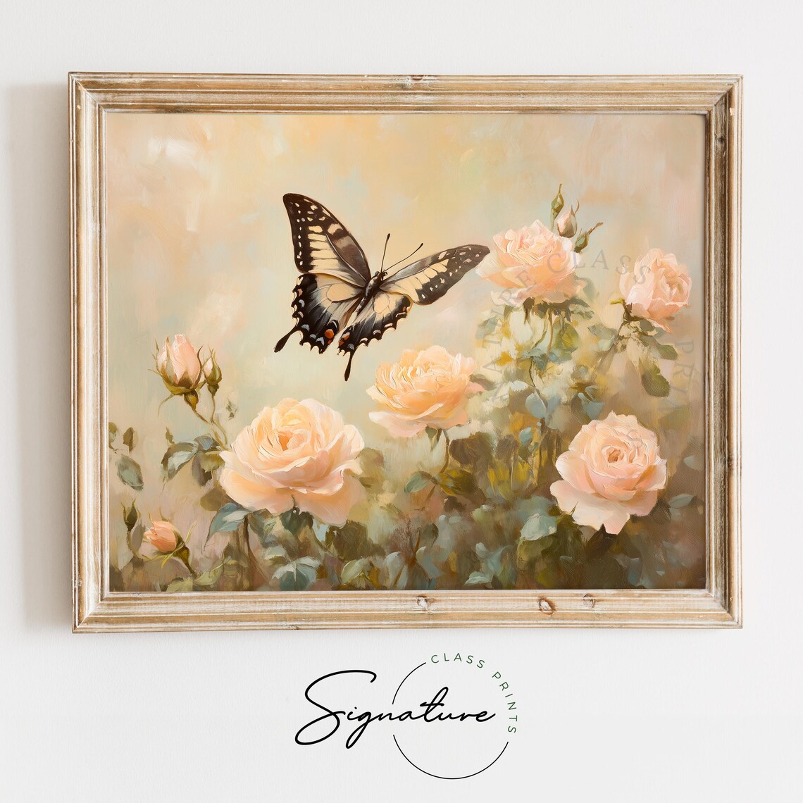 Swallowtail Butterfly Among Peach Roses Soft Vintage Floral Wall Art