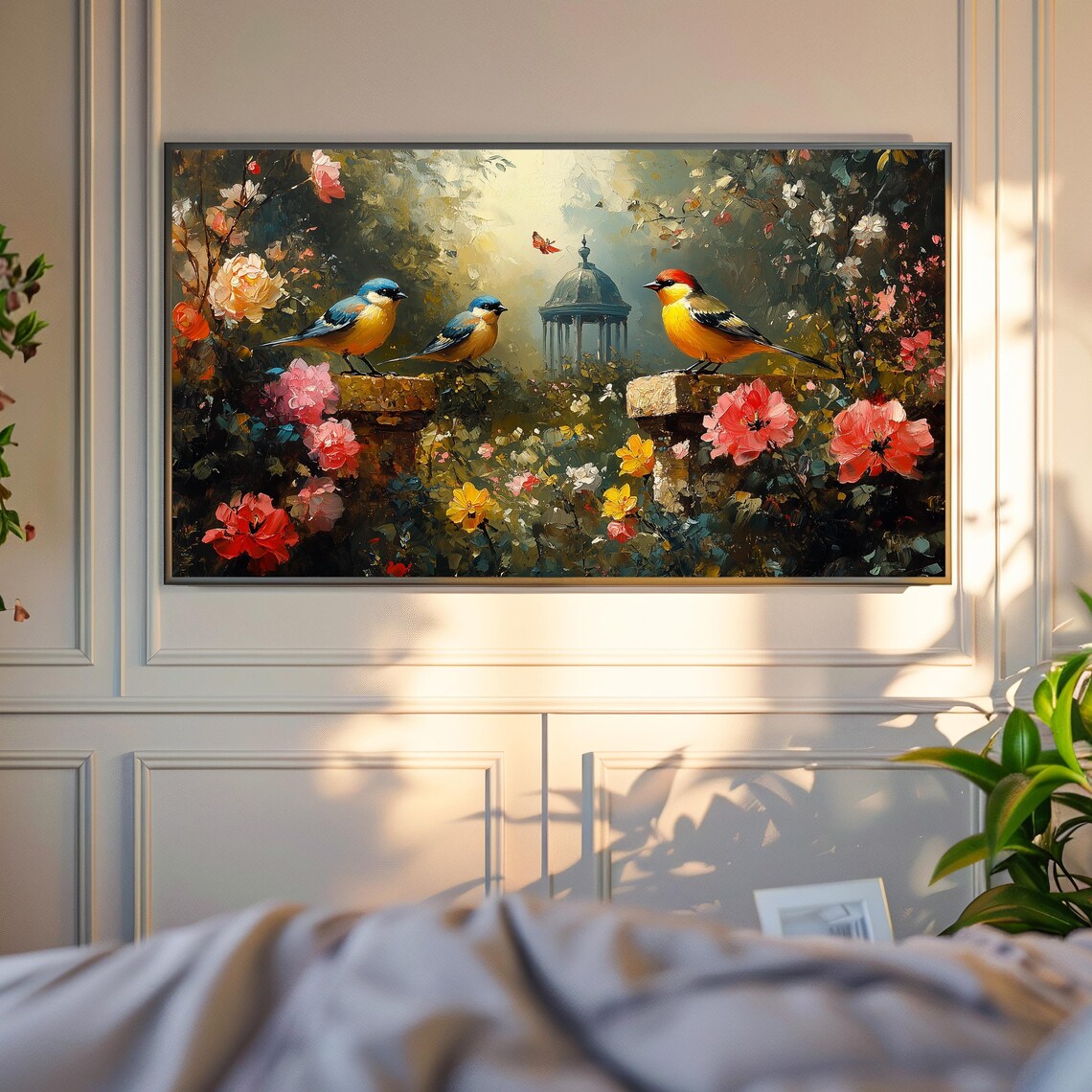 Goldfinch Trio Amid Spring Blooms Garden Gazebo Bird Wall Art - Image 4