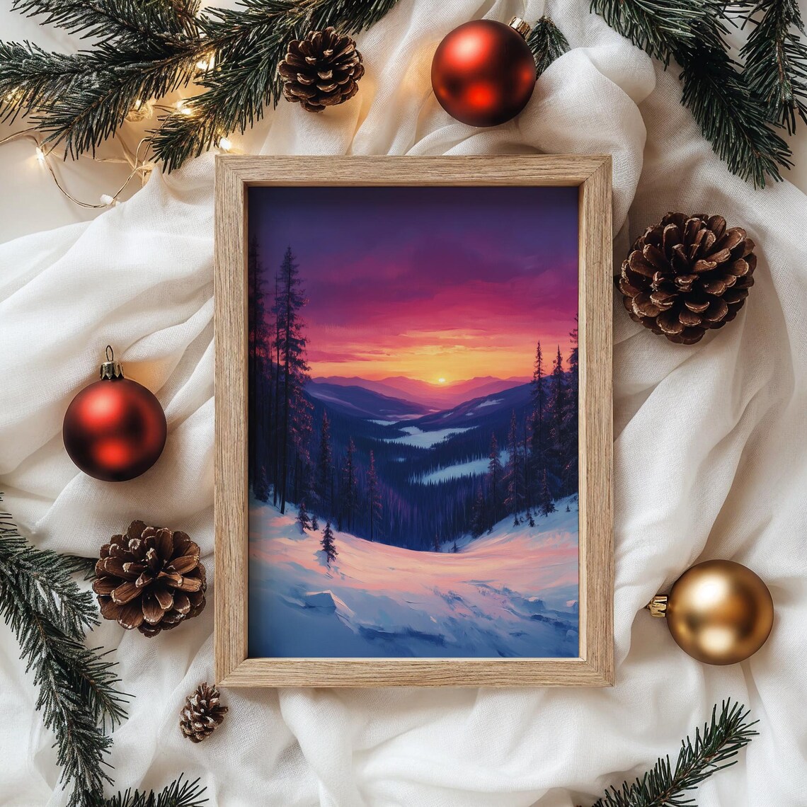 Magenta Sunset Over Snowy Valley Tall Pines Oil Painting Style Poster - Image 4