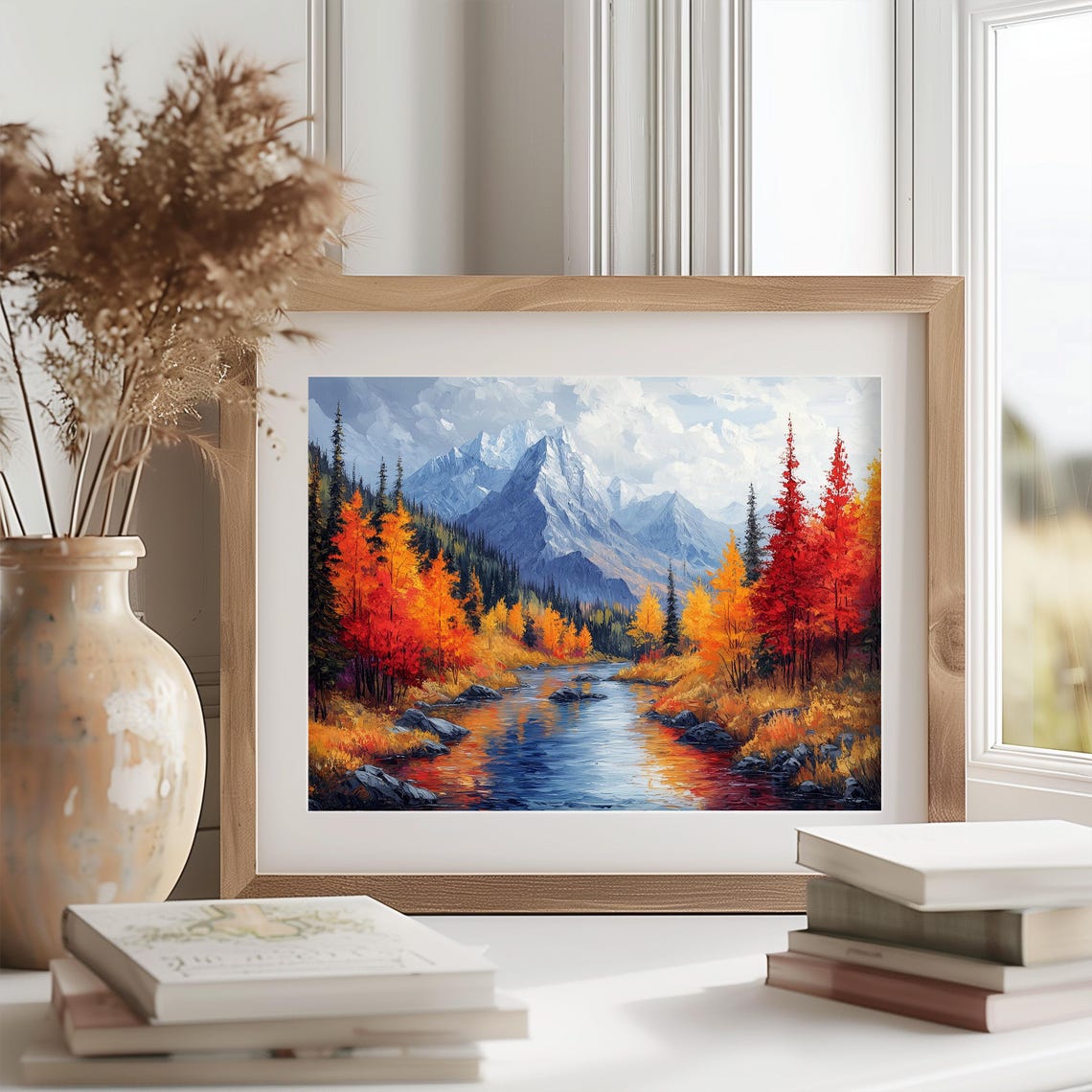 Autumn River Snowy Peak Fall Reflection Mountain Landscape Wall Art - Image 2