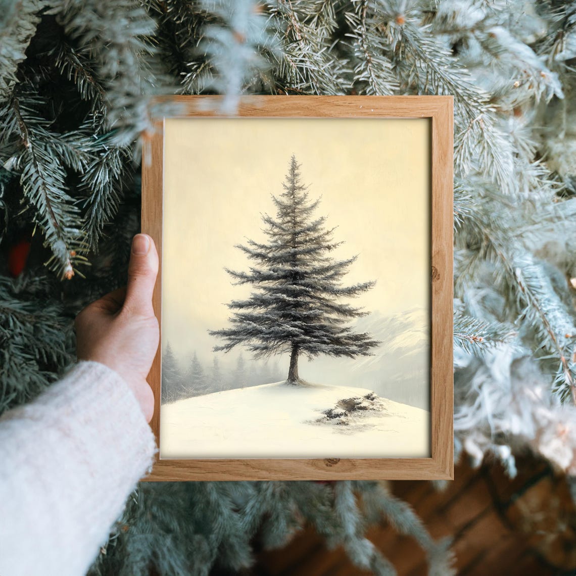 Single Frosted Cedar Tree on Snowy Hill Minimalist Winter Poster - Image 6