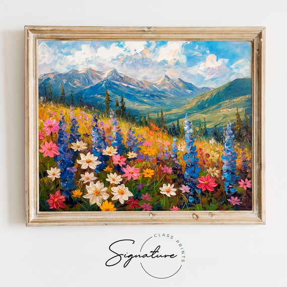 Mountain Meadow In Full Bloom Colorful Wildflower Oil Poster