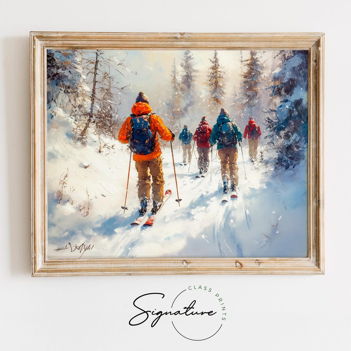 Friends Cross Country Skiing Through Snowy Forest Winter Poster