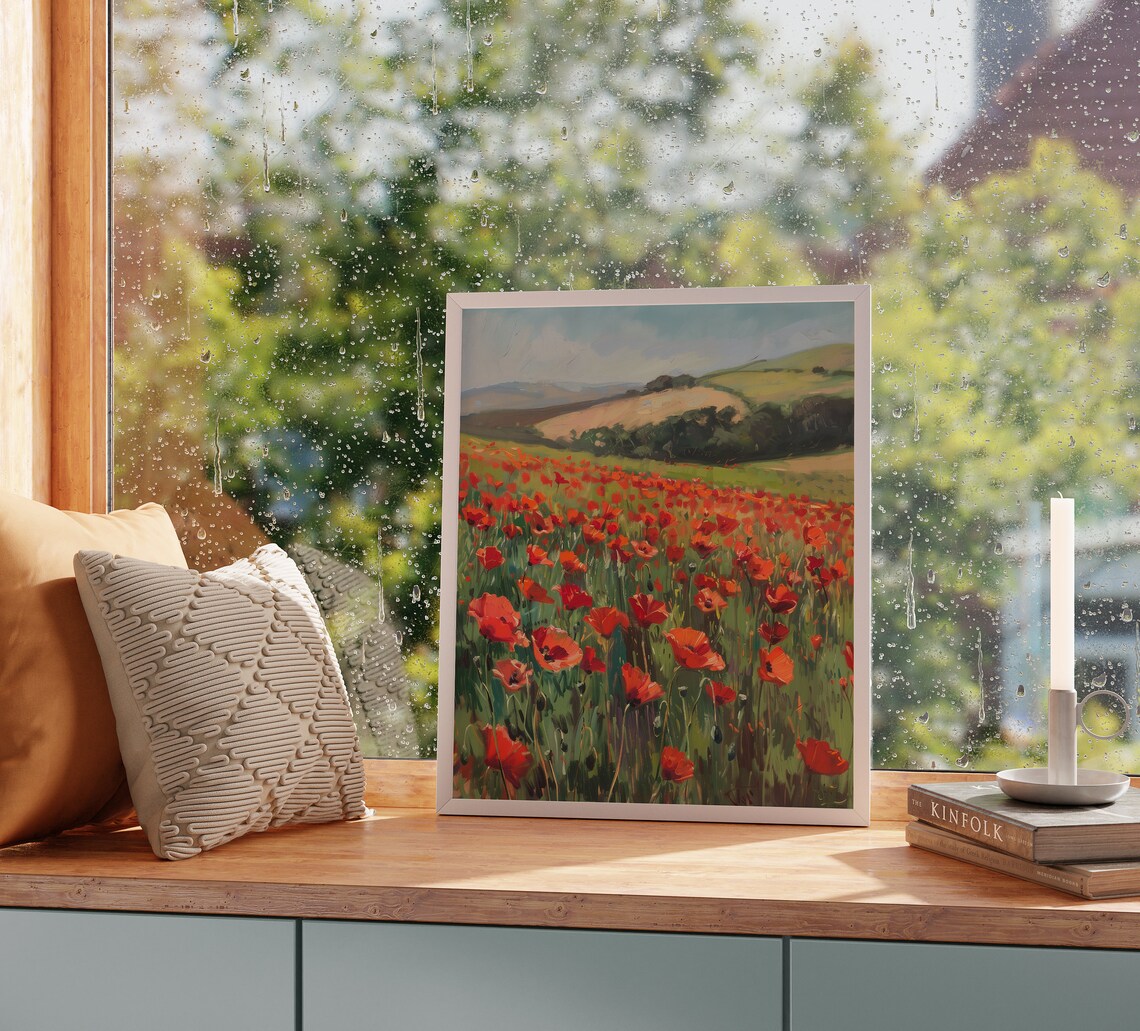 Vibrant Red Poppy Field Rolling Hills Summer Countryside Oil Painting Poster - Image 2
